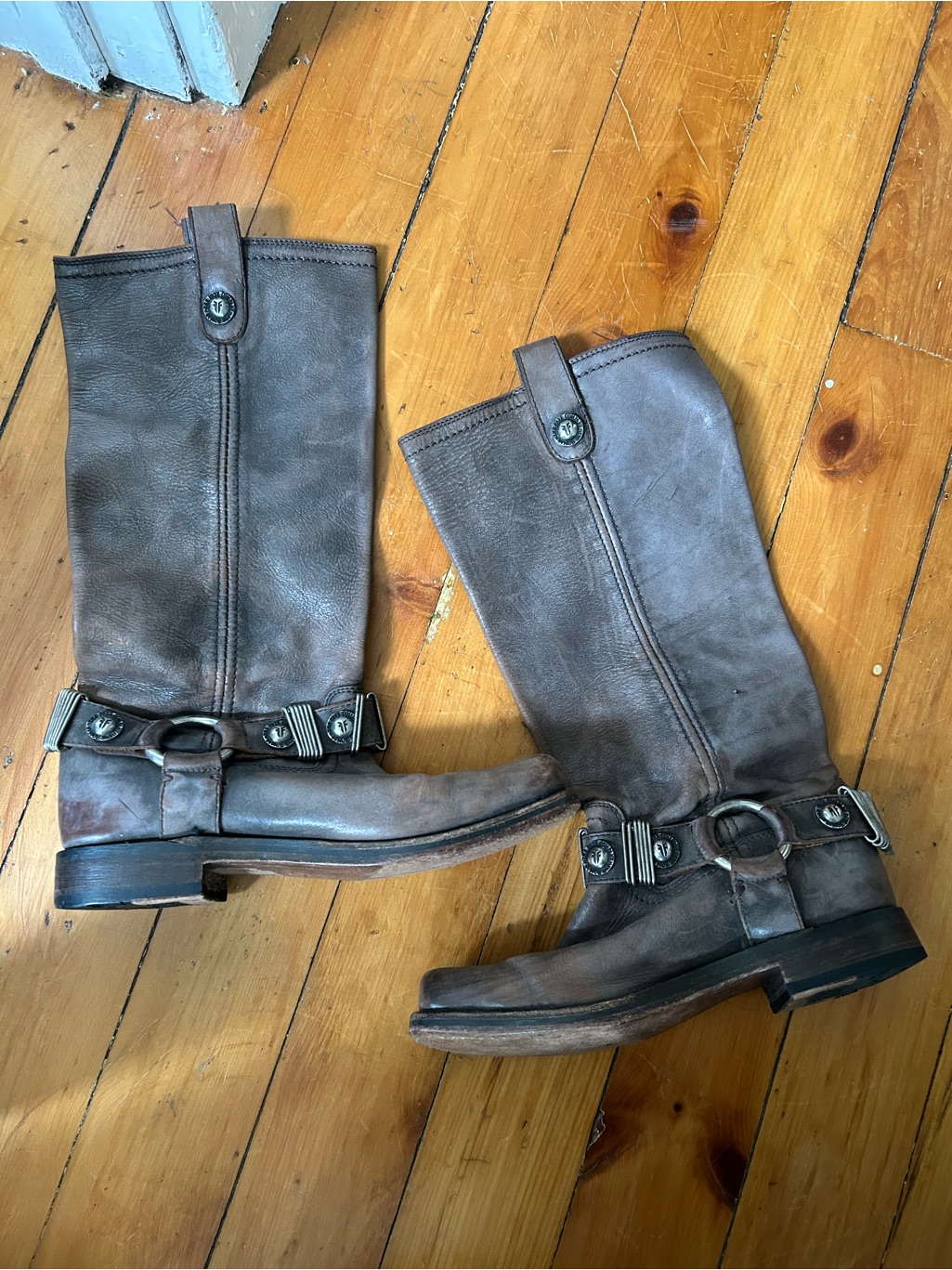 Frye Vintage Brown Distressed Leather Square Toe Harness Engineer Boots Usa 7